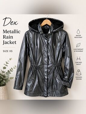 Dex Shiny Black Hooded rain jacket/Windbreaker